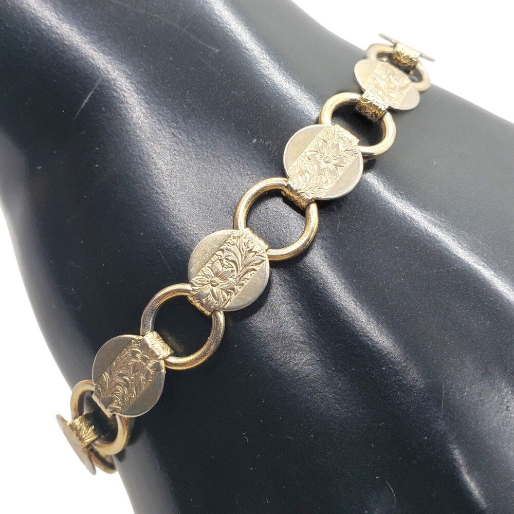 Vintage Sarah Coventry Gold Tone Coin Link Floral Repousse Embossed Bracelet